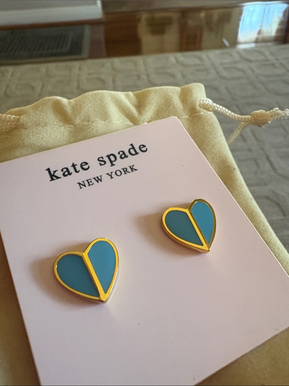 kate spade gold-trim blue heart stud earrings